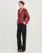 Dark Red Tie-Neck Shirt with Polka Dots