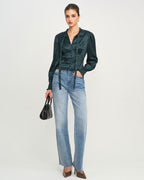 Emerald Jacquard Tie-Neck Blouse