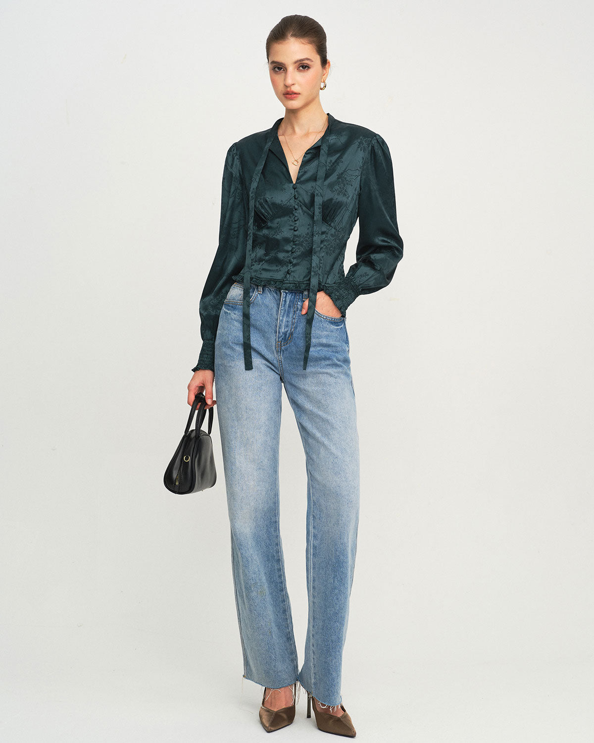 Emerald Jacquard Tie-Neck Blouse