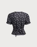 Floral Print Scoop Neck Blouse in Black