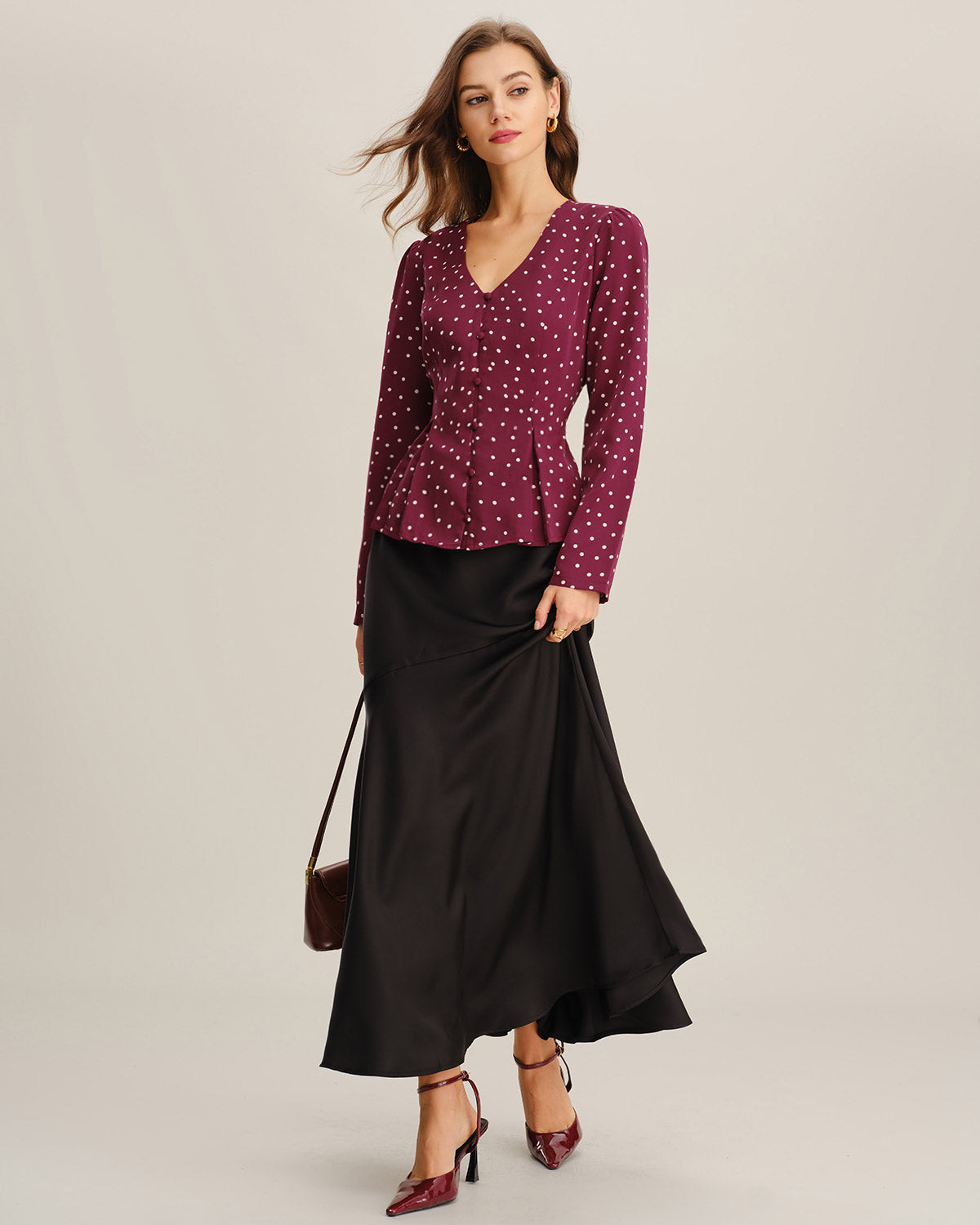 V-Neck Blouse in Wine Red with Polka Dots