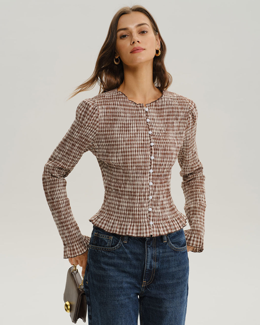 Brown Plaid Blouse with Shirred Poet Sleeves