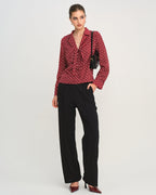 Dark Red Tie-Neck Shirt with Polka Dots