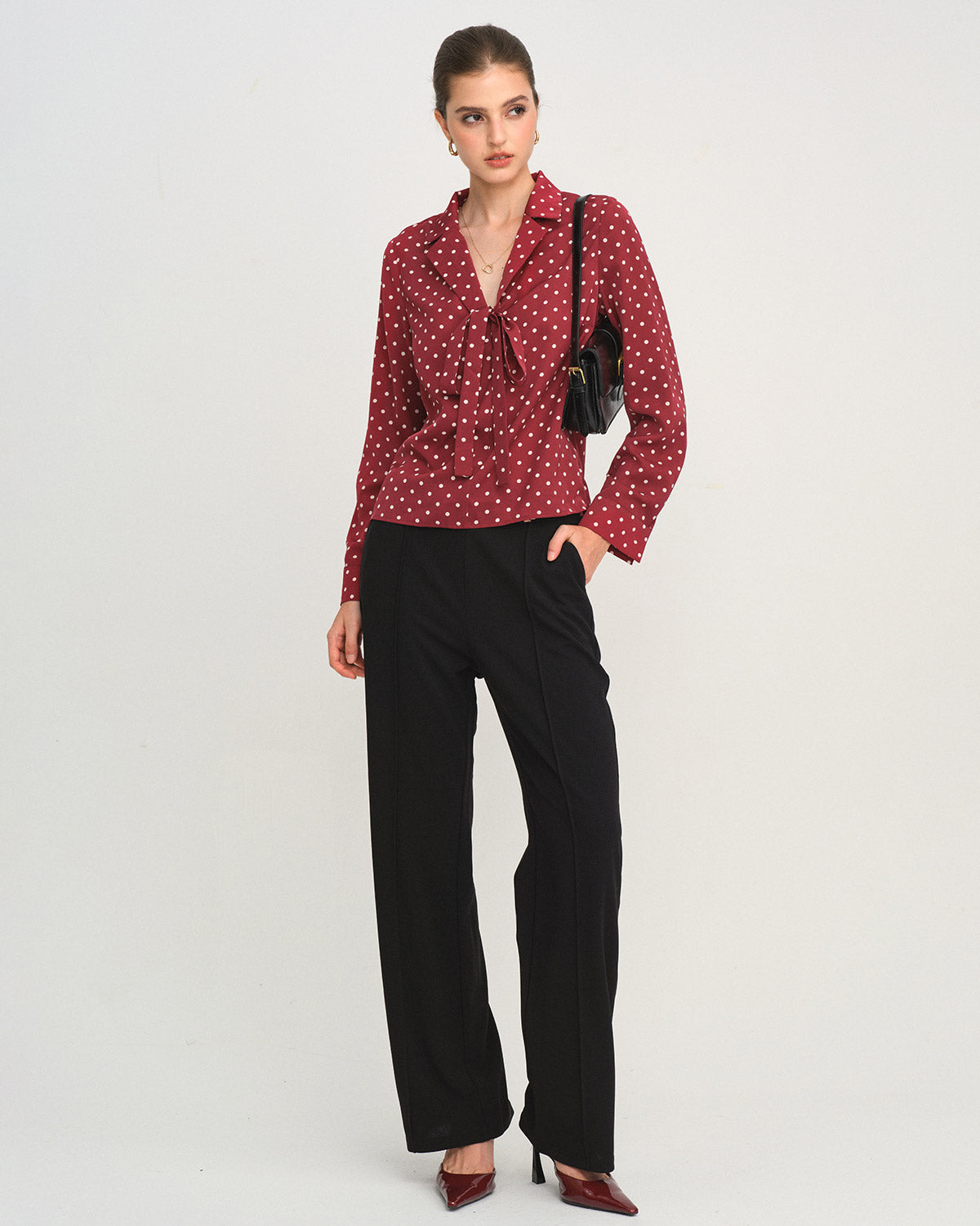Dark Red Tie-Neck Shirt with Polka Dots