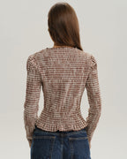 Brown Plaid Blouse with Shirred Poet Sleeves