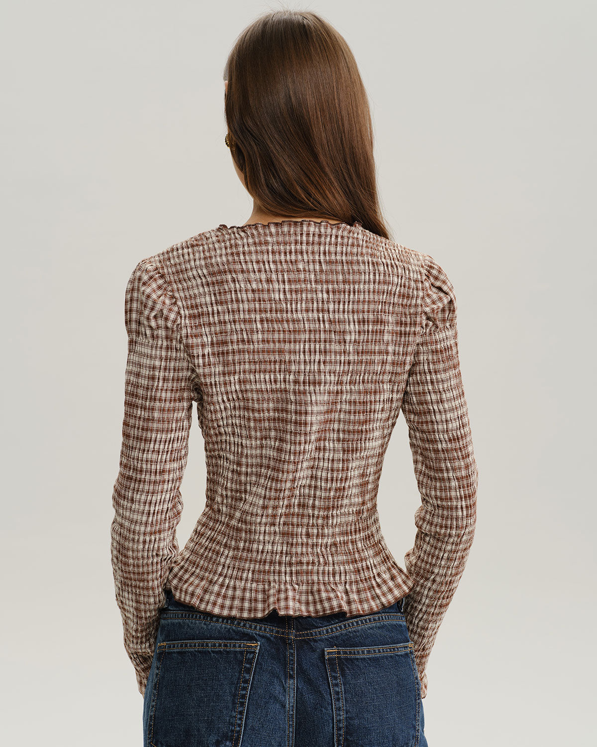 Brown Plaid Blouse with Shirred Poet Sleeves