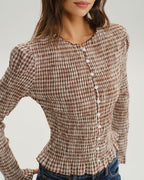 Brown Plaid Blouse with Shirred Poet Sleeves