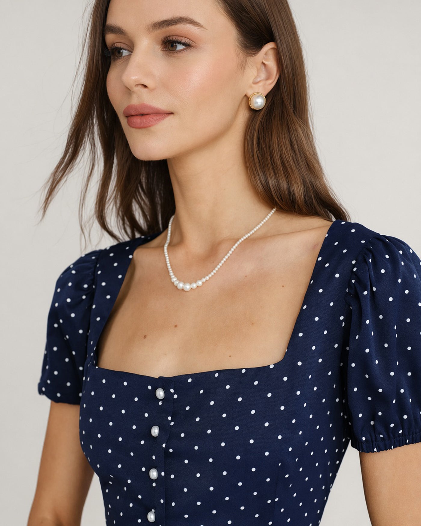 Polka Dot Blouse with Blue Square Neck