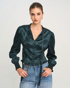 Emerald Jacquard Tie-Neck Blouse
