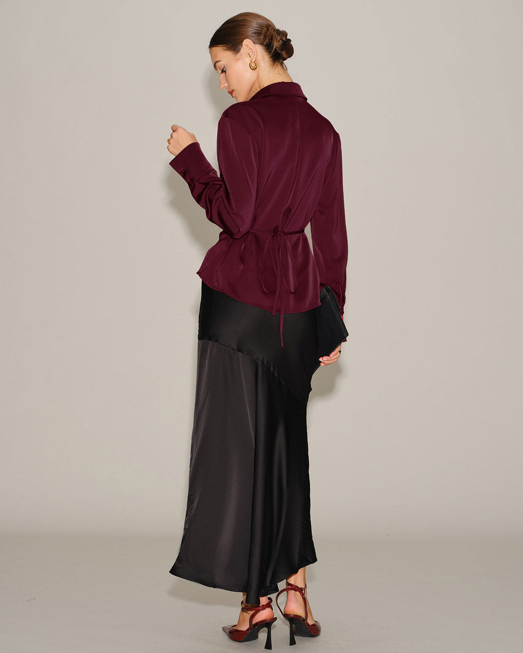 V-Neck Satin Tie Shirt in Wine Red