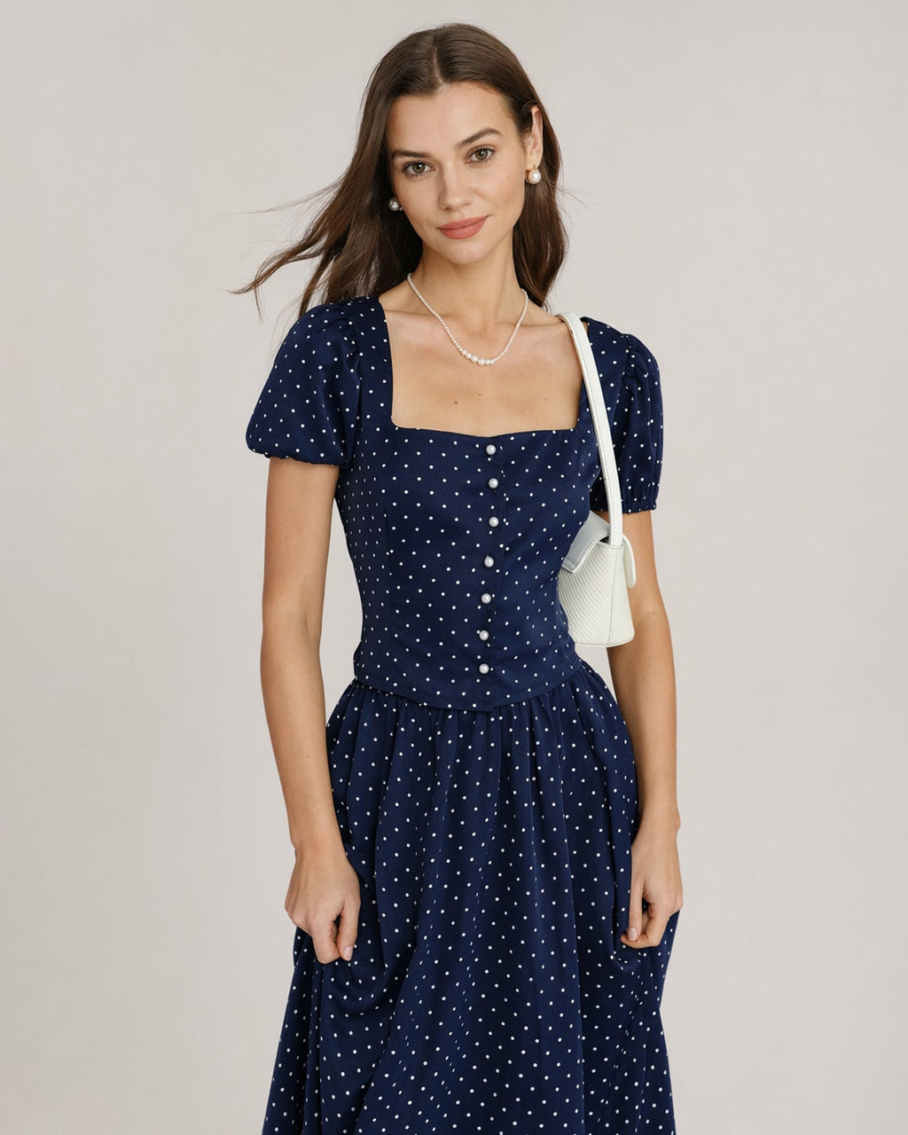 Polka Dot Blouse with Blue Square Neck