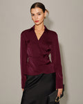 V-Neck Satin Tie Shirt in Wine Red