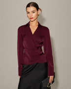 V-Neck Satin Tie Shirt in Wine Red