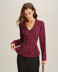 V-Neck Blouse in Wine Red with Polka Dots