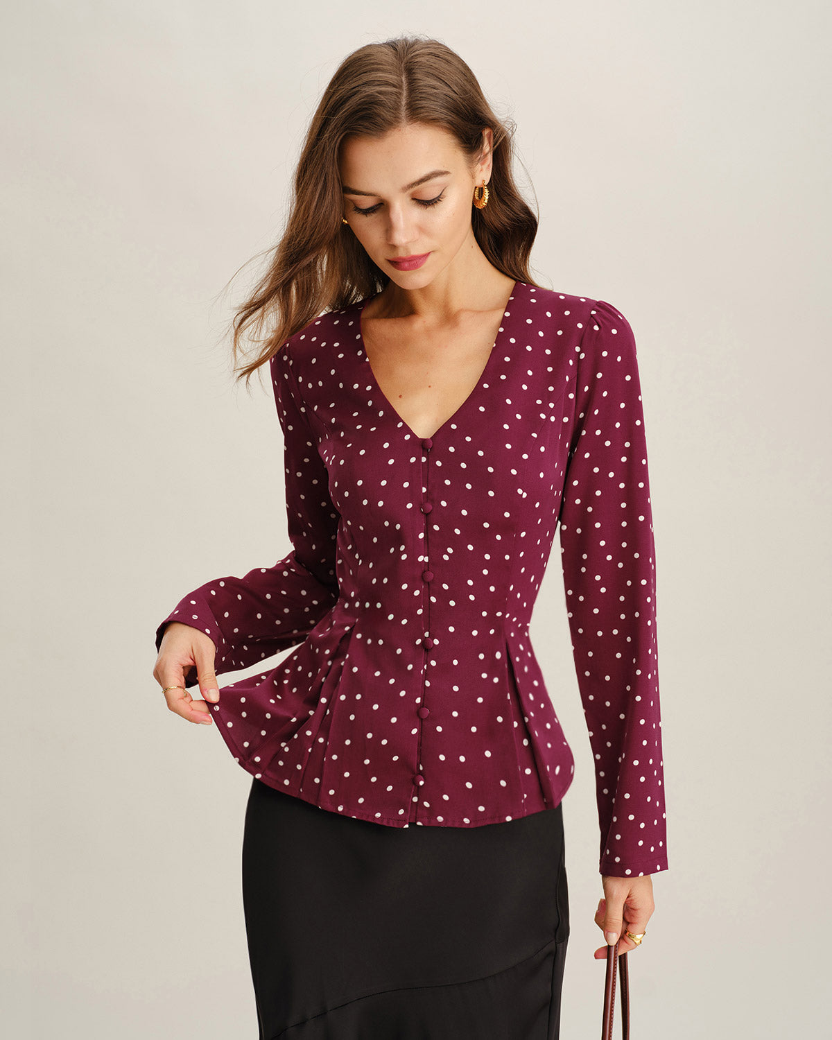 V-Neck Blouse in Wine Red with Polka Dots