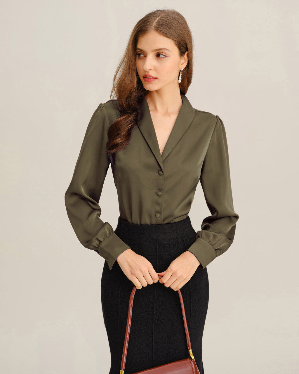 Emerald Satin V-Neck Blouse for the Office
