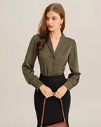 Emerald Satin V-Neck Blouse for the Office
