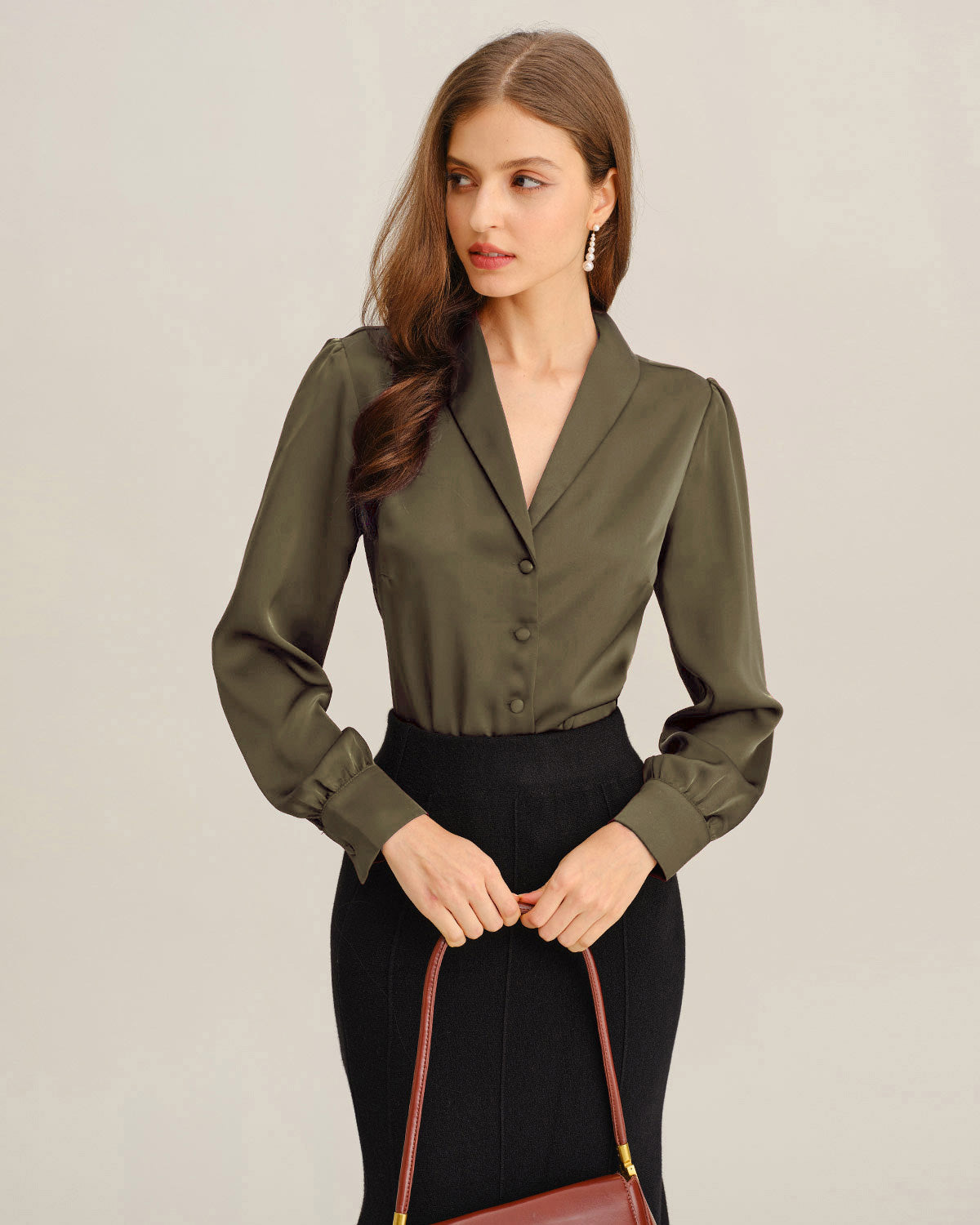 Emerald Satin V-Neck Blouse for the Office