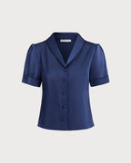Navy Satin Button-Up Top