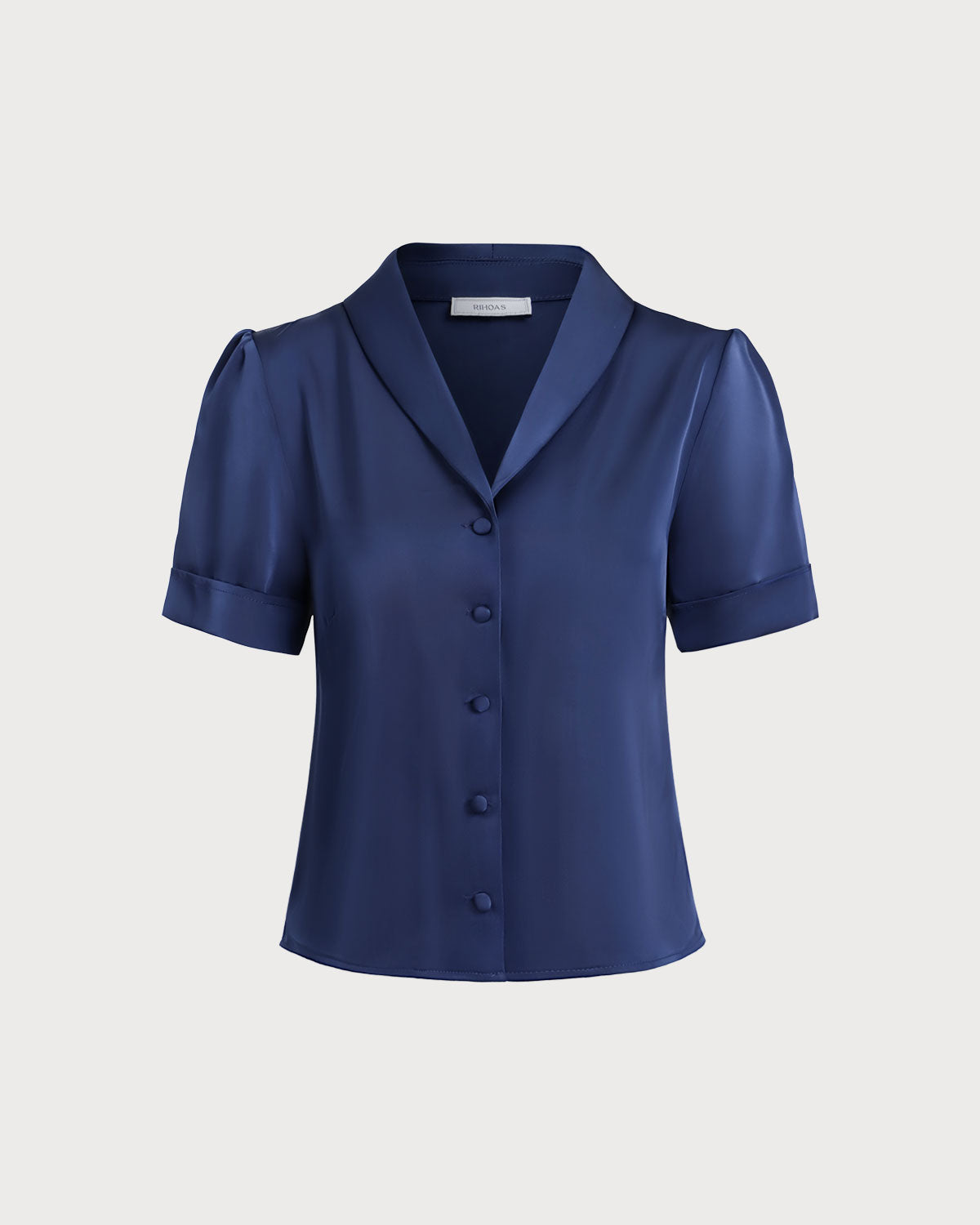 Navy Satin Button-Up Top