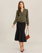 Emerald Satin V-Neck Blouse for the Office