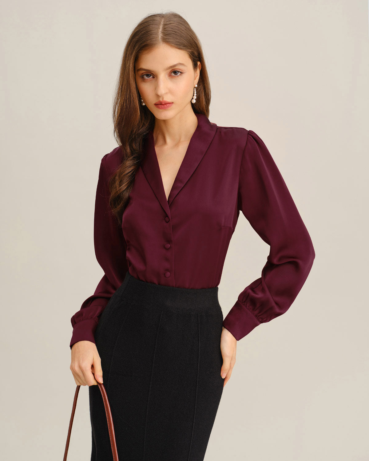 Wine Red Satin Button-Up Shirt