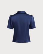 Navy Satin Button-Up Top