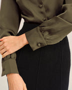 Emerald Satin V-Neck Blouse for the Office