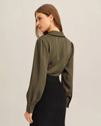 Emerald Satin V-Neck Blouse for the Office