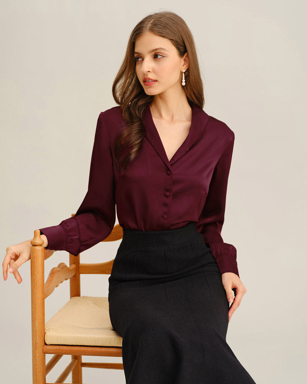 Wine Red Satin Button-Up Shirt