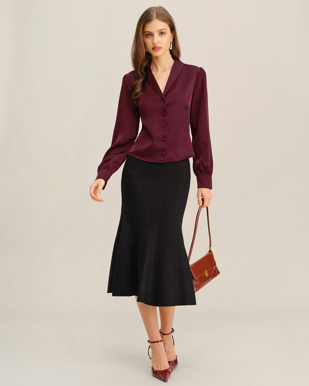 Wine Red Satin Button-Up Shirt