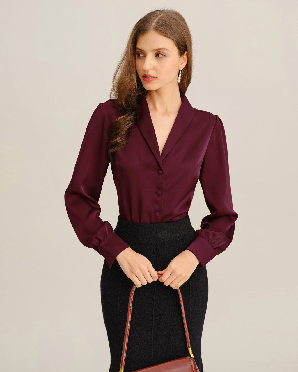 Wine Red Satin Button-Up Shirt