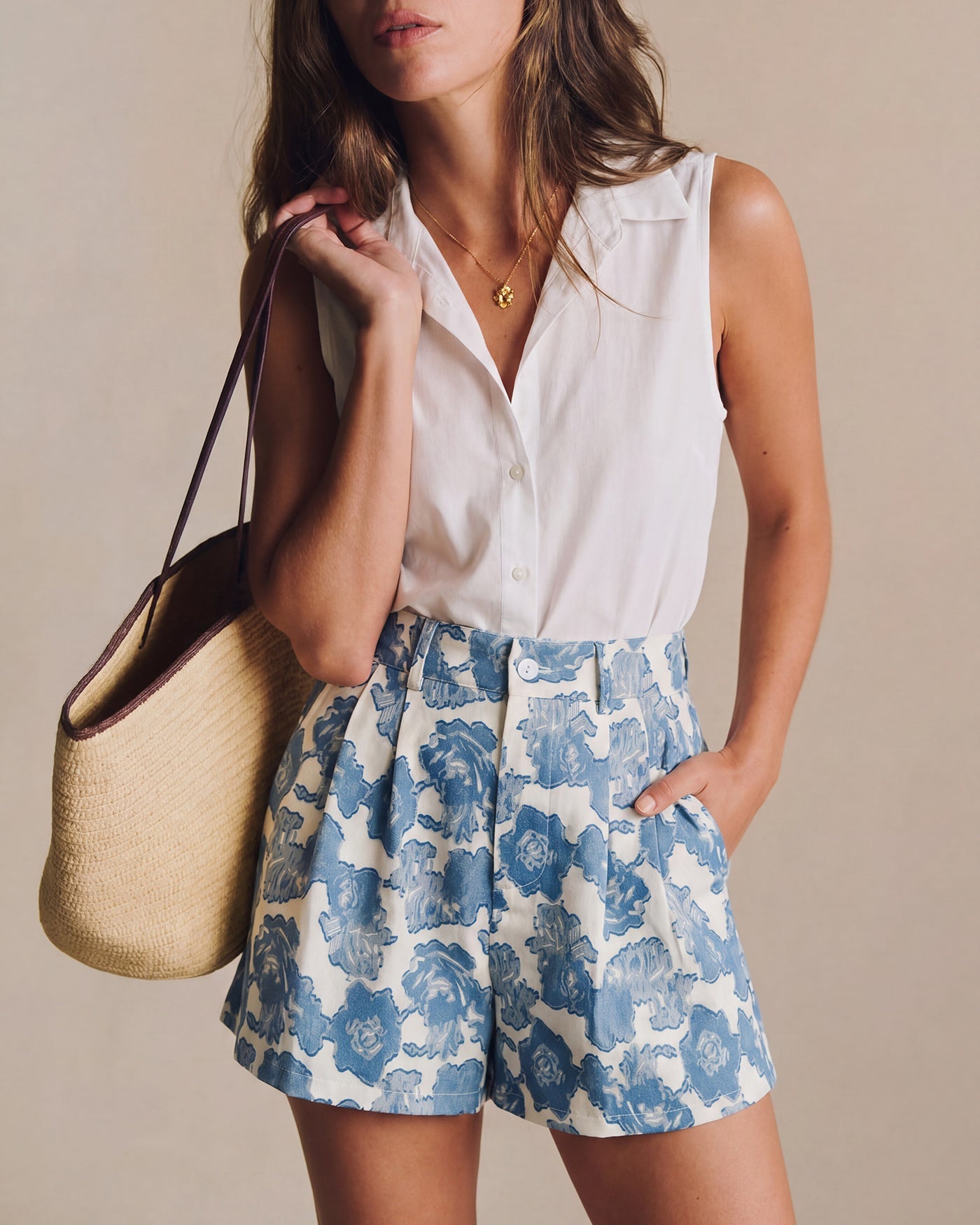 Floral Print Blue Shorts with Button Pockets