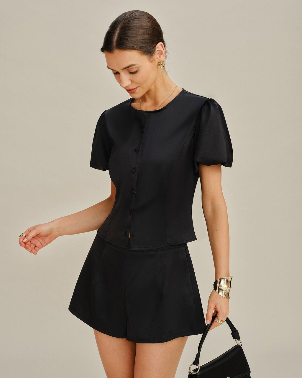 Black Satin High-Waisted Shorts
