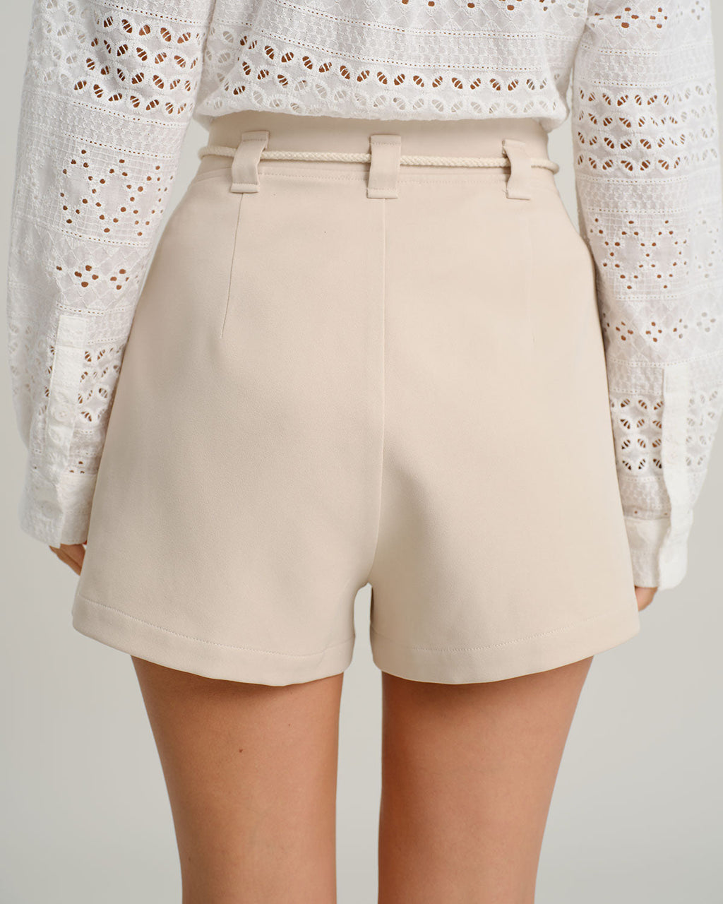 Beige Pocketed Shorts with Tie Waist