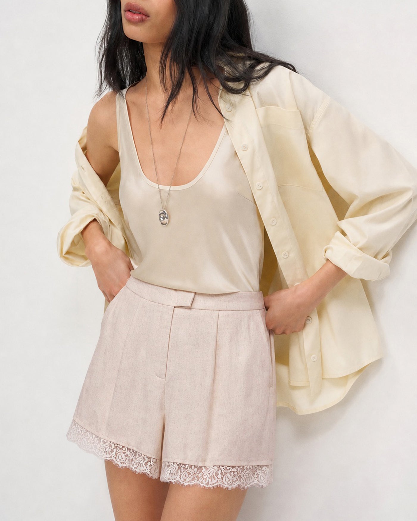 Apricot Lace-Trimmed Pocket Shorts
