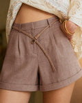 Brown Shorts with Button Belt and Pockets