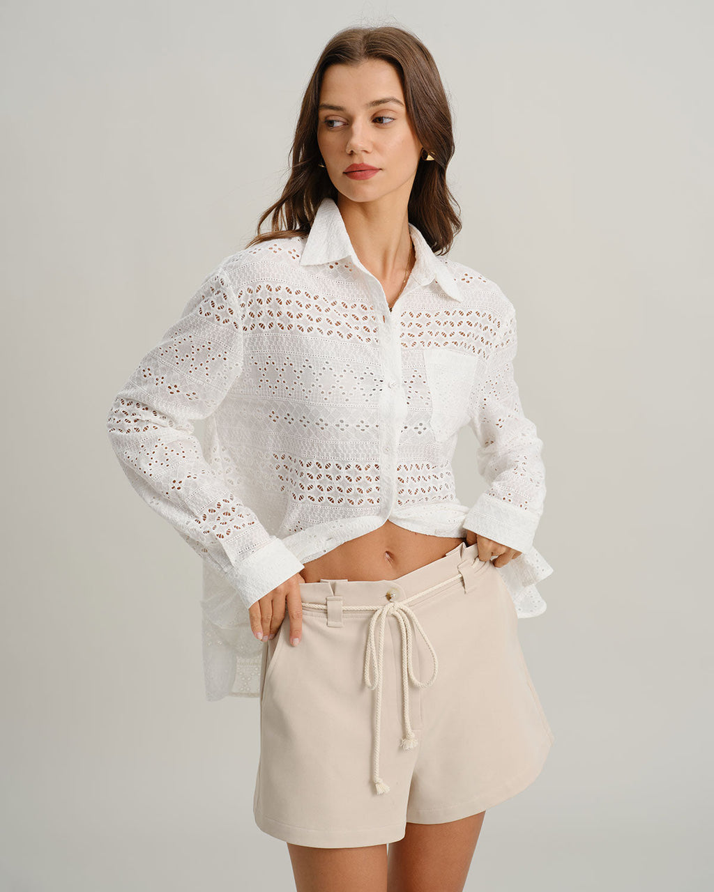 Beige Pocketed Shorts with Tie Waist