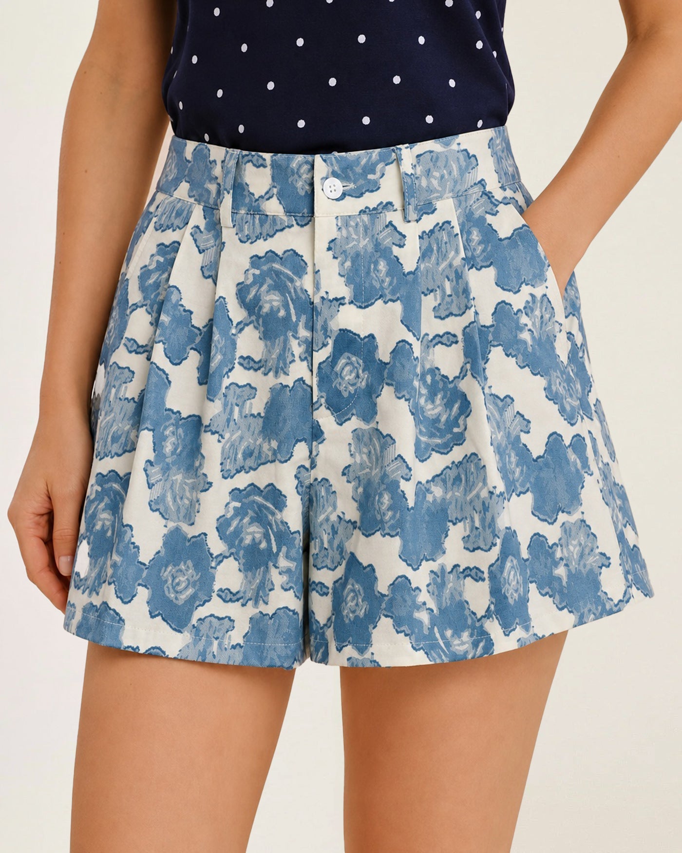 Floral Print Blue Shorts with Button Pockets