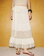 Apricot Lace Midi Skirt with Elastic Waist
