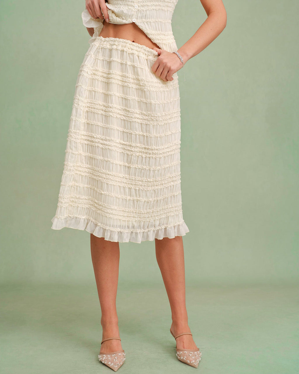 Apricot Shirred Midi Skirt with Elastic Waist