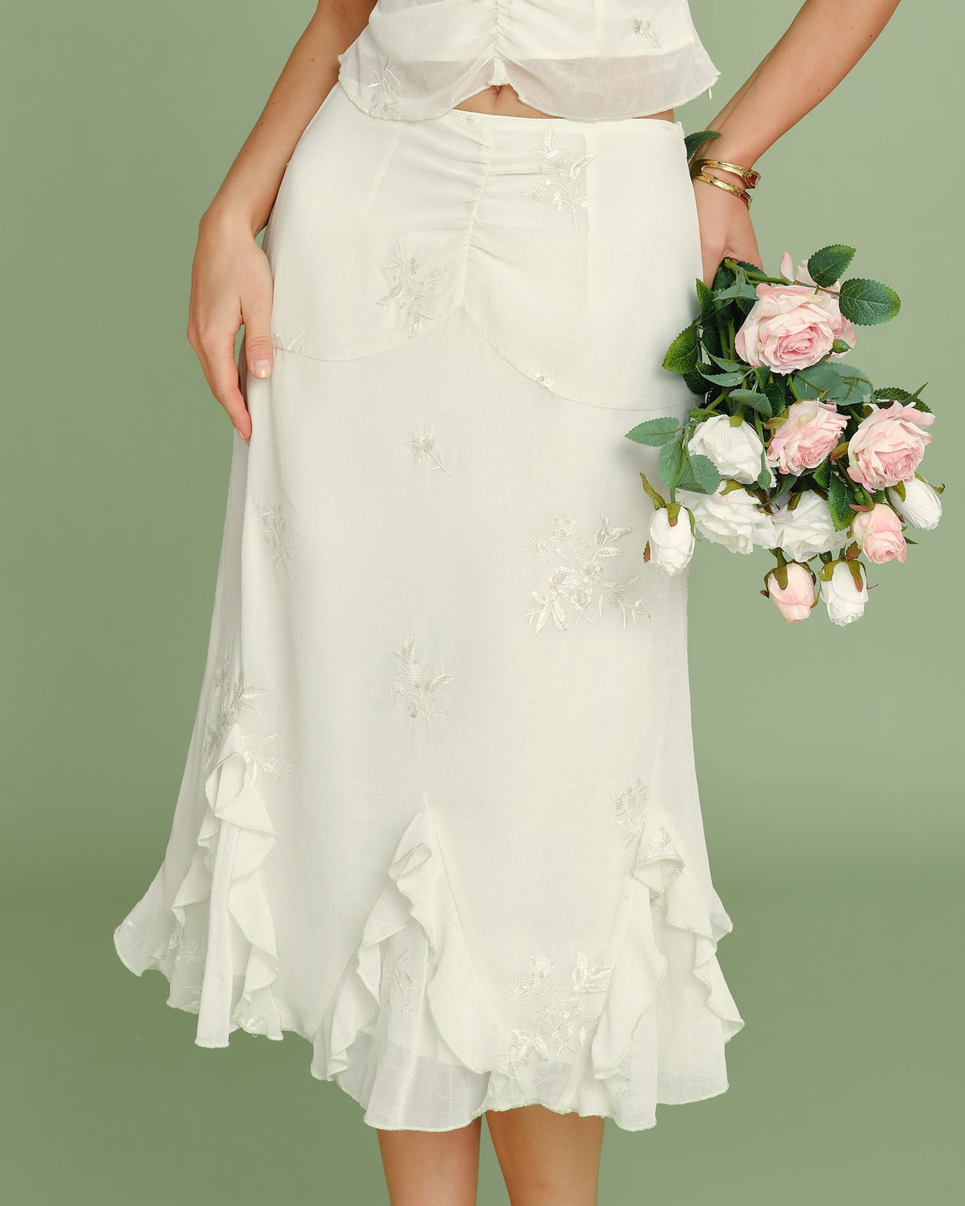 Embroidered Apricot Ruffle Midi Skirt