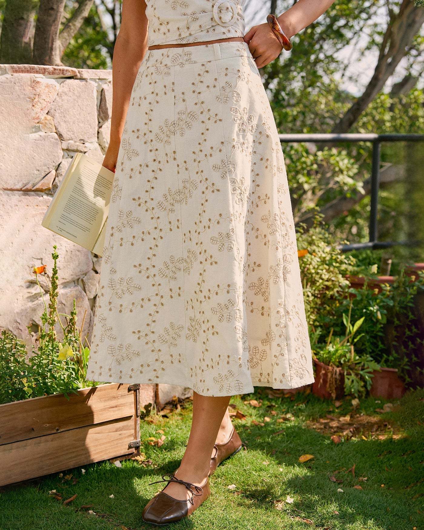 Embroidered Midi Skirt in Beige