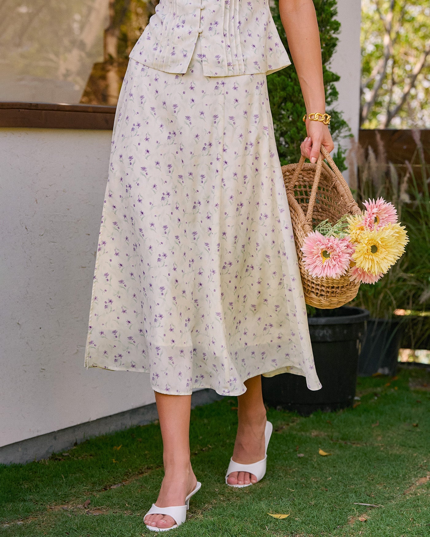 Floral Print Beige Midi Skirt with Slit