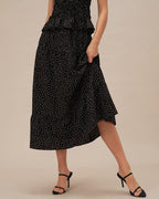 Ruched Midi Skirt with Black Polka Dots