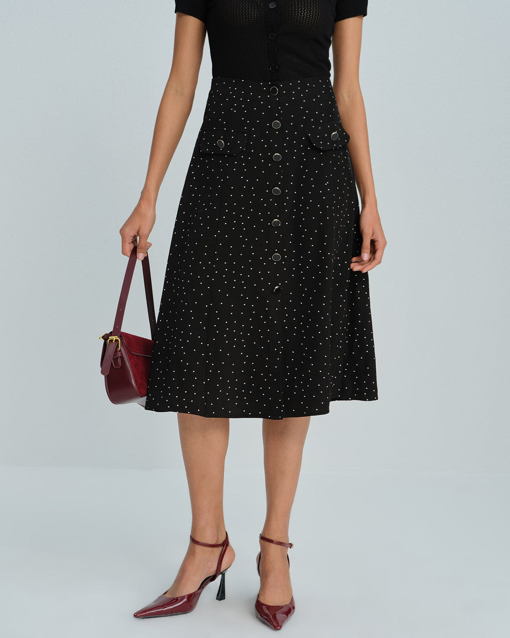 Polka Dot Midi Skirt in Black