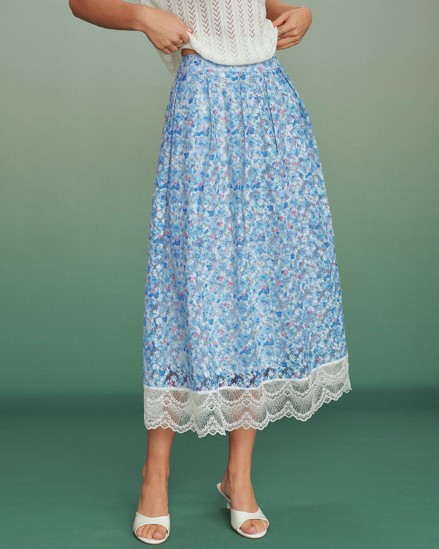 Floral Lace A-Line Skirt in Blue