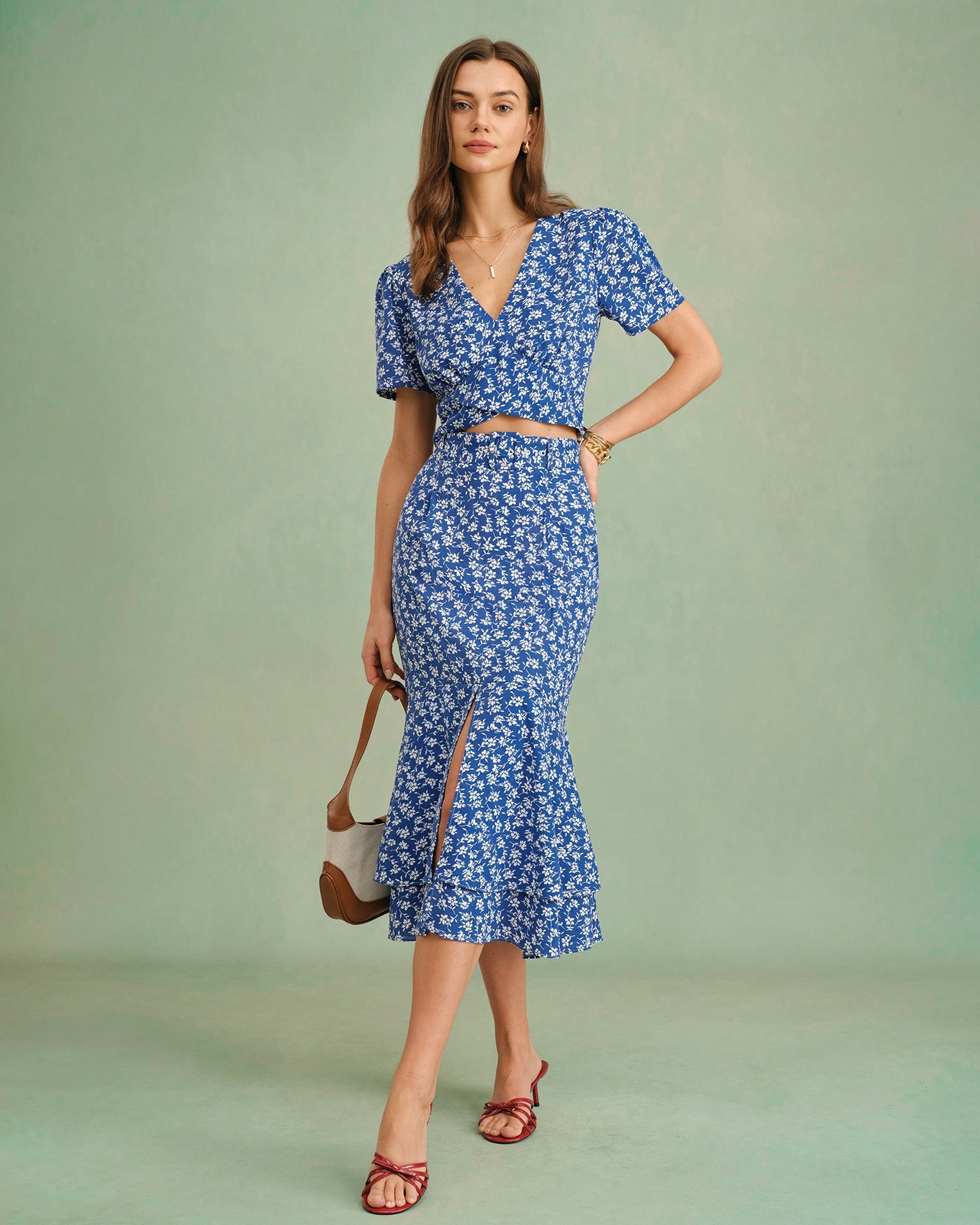Floral Print Blue Mermaid Midi Skirt