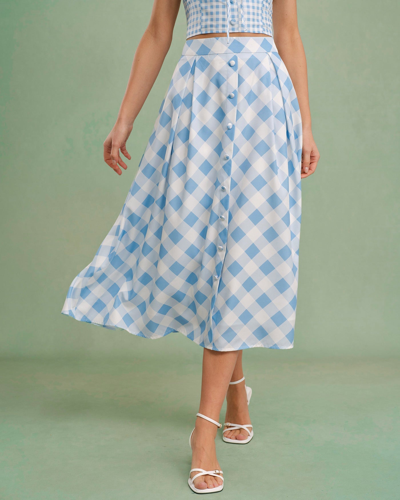Plaid Midi Skirt in Blue with Button Detail