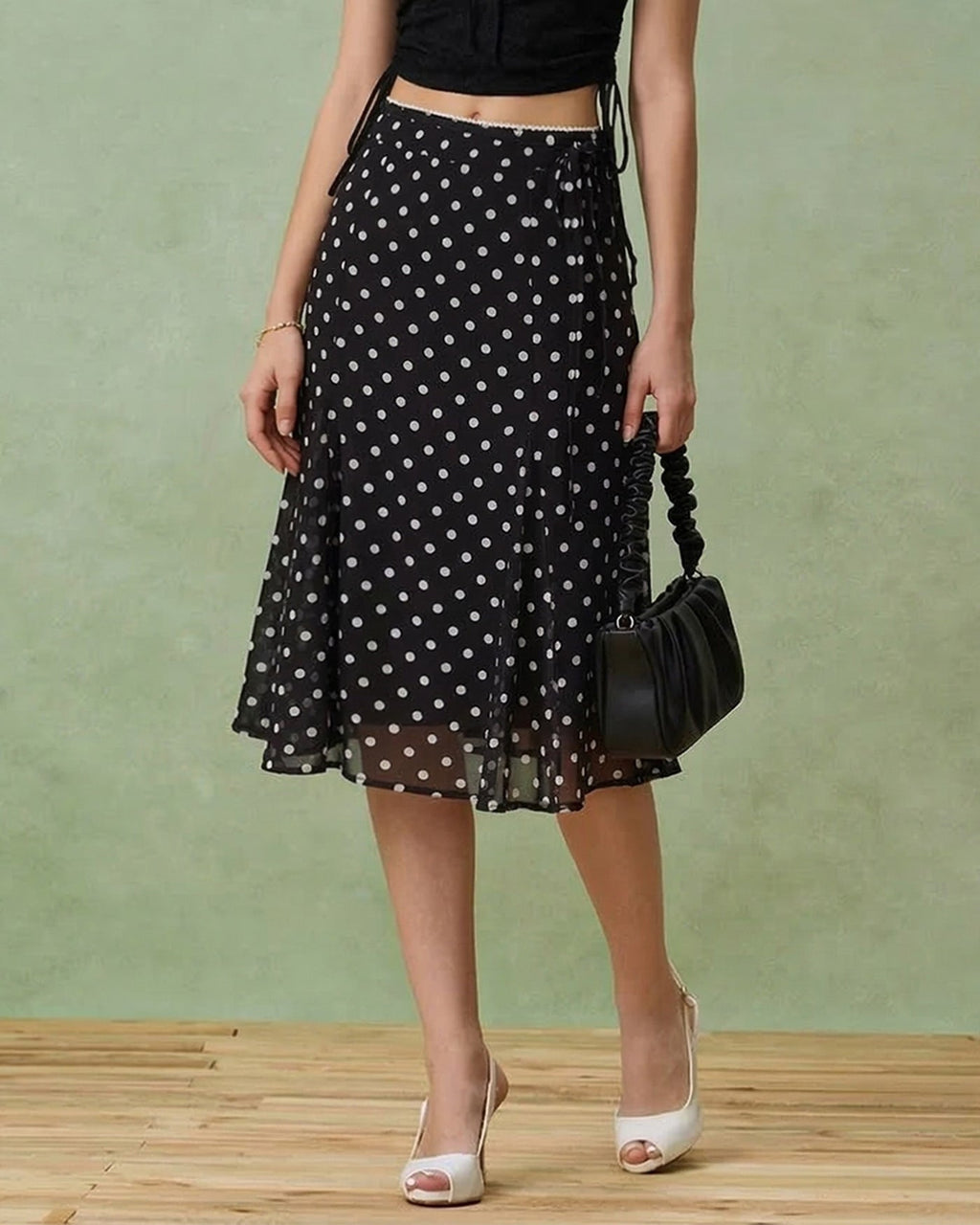 Polka Dot Mermaid Midi Skirt in Black